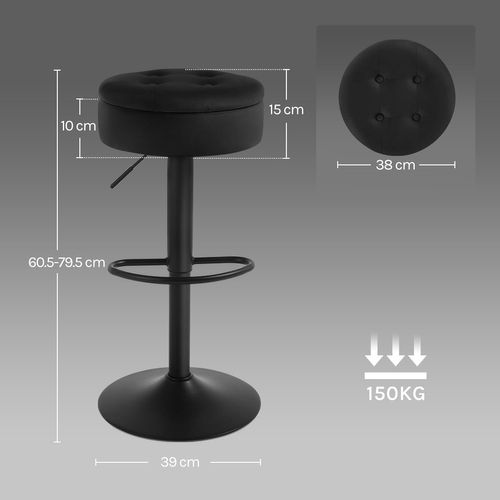 Tabouret Bar Haut, Tabouret Pivotant à 360°, Tabouret Moderne Avec Repose-pieds, Velours+Métal,Noir
