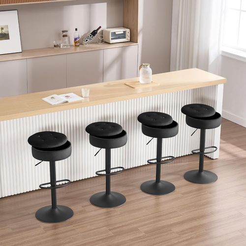 Tabouret Bar Haut, Tabouret Pivotant à 360°, Tabouret Moderne Avec Repose-pieds, Velours+Métal,Noir