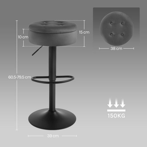 2 X Tabouret Bar Haut, Pivotant à 360°, Tabouret Avec Repose-pieds, Velours + Métal, Gris Foncé