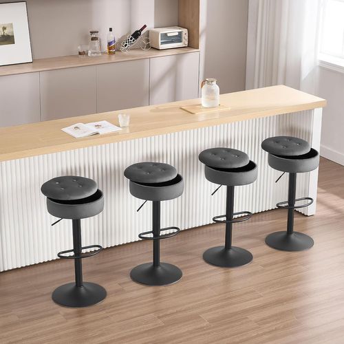 2 X Tabouret Bar Haut, Pivotant à 360°, Tabouret Avec Repose-pieds, Velours + Métal, Gris Foncé
