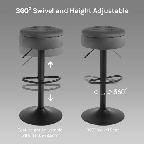 2 X Tabouret Bar Haut, Pivotant à 360°, Tabouret Avec Repose-pieds, Velours + Métal, Gris Foncé