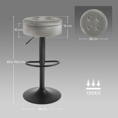 Tabouret Bar Haut, Pivotant à 360°, Tabouret Avec Repose-pieds, Velours + Métal, Gris Clair