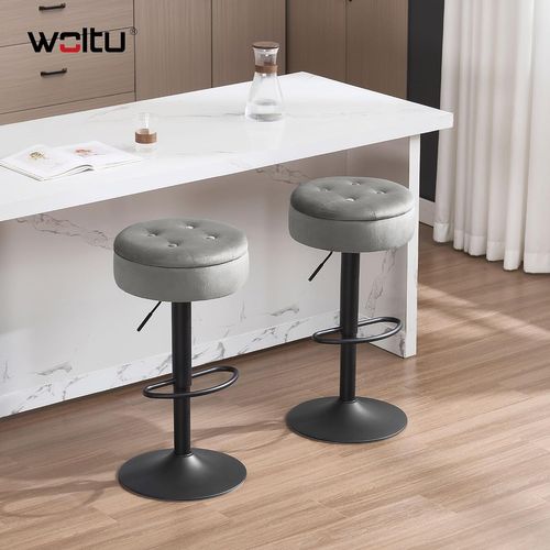 Tabouret Bar Haut, Pivotant à 360°, Tabouret Avec Repose-pieds, Velours + Métal, Gris Clair