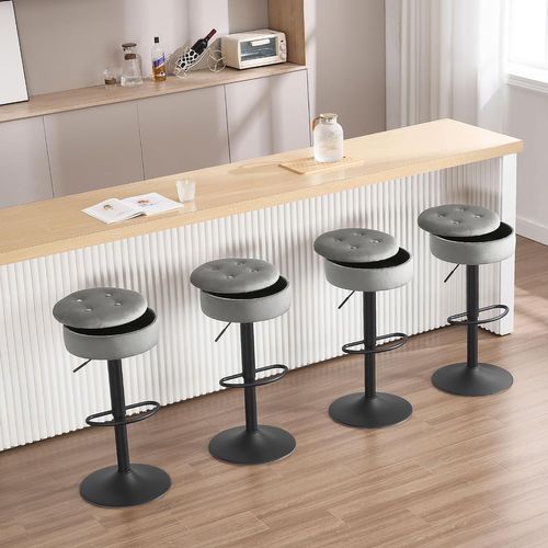 Tabouret Bar Haut, Pivotant à 360°, Tabouret Avec Repose-pieds, Velours + Métal, Gris Clair