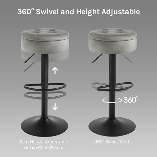 Tabouret Bar Haut, Pivotant à 360°, Tabouret Avec Repose-pieds, Velours + Métal, Gris Clair
