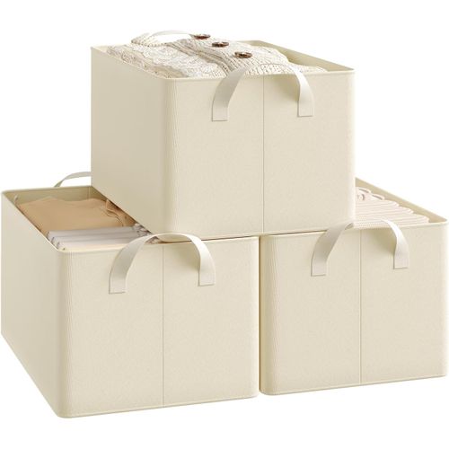 Lot De 3 Boîte De Rangement Ouverte En Tissu, Panier Rangement Pliable, Crème, 37,5x26x20 Cm