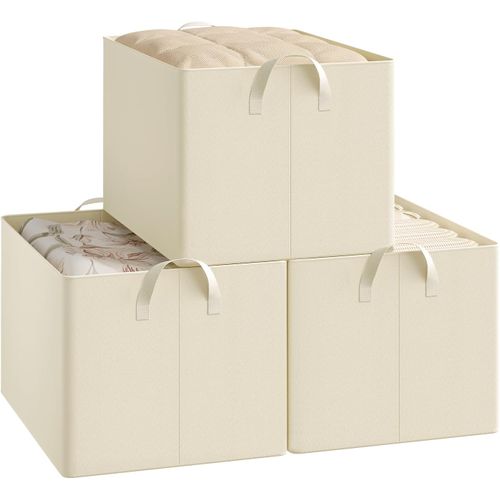 Lot De 3 Boîte De Rangement Ouverte En Tissu, Panier Rangement Pliable, Crème, 47x35x30 Cm