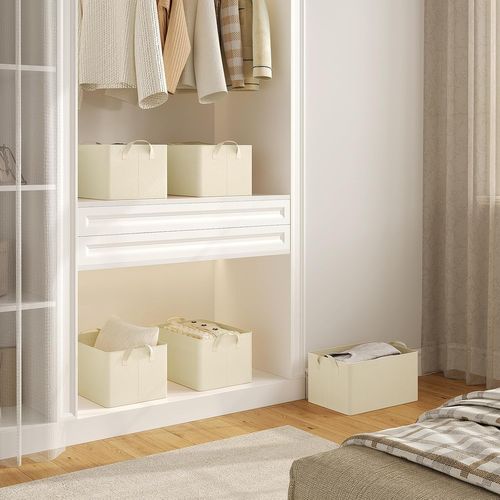 Lot De 5 Boîte De Rangement Ouverte En Tissu, Panier Rangement Pliable, Crème, 37,5x26x20 Cm