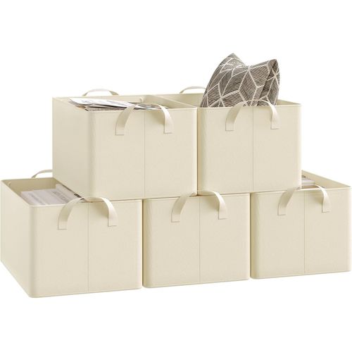 Lot De 5 Boîte De Rangement Ouverte En Tissu, Panier Rangement Pliable, Crème, 37,5x26x20 Cm