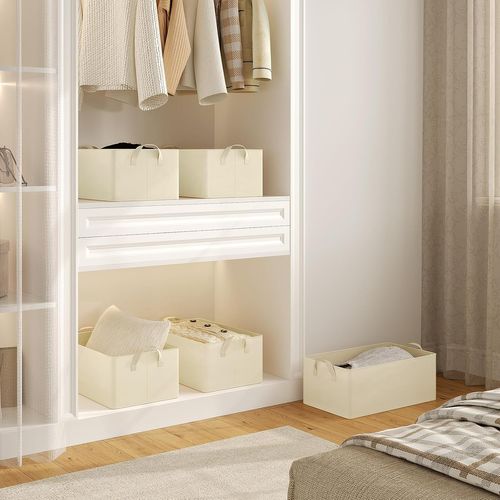 Lot De 5 Boîte De Rangement Ouverte En Tissu, Panier Rangement Pliable, Crème, 47x28x20 Cm
