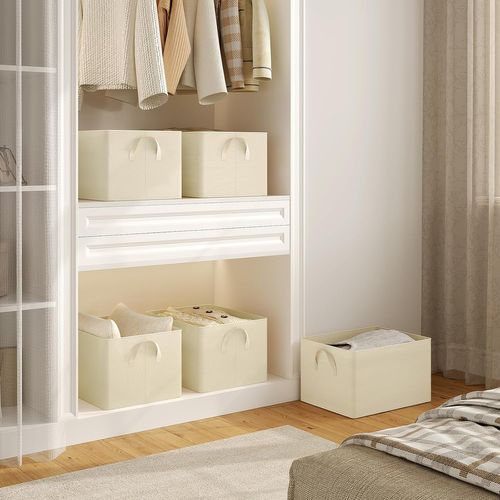 Lot De 5 Boîte De Rangement Ouverte En Tissu, Panier Rangement Pliable, Crème, 42x32x26 Cm