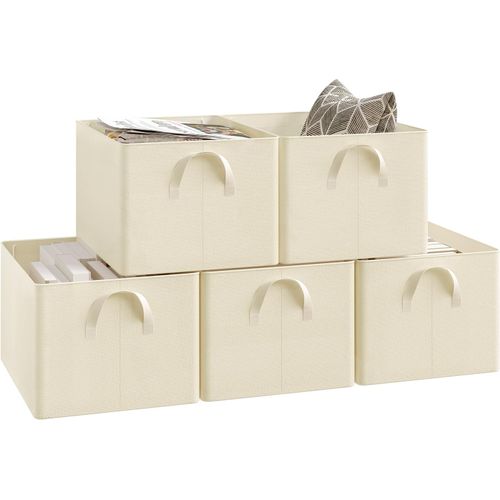 Lot De 5 Boîte De Rangement Ouverte En Tissu, Panier Rangement Pliable, Crème, 42x32x26 Cm