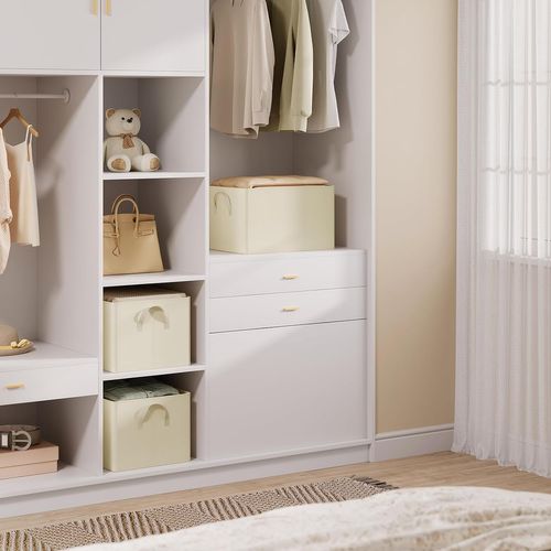 Lot De 3 Boîte De Rangement Ouverte En Tissu, Panier Rangement Pliable, Crème, 42x32x26 Cm