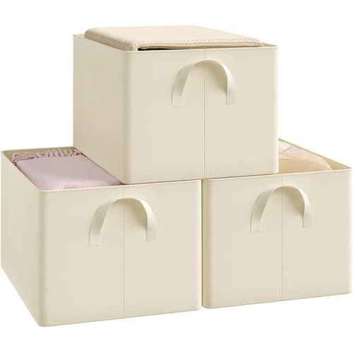 Lot De 3 Boîte De Rangement Ouverte En Tissu, Panier Rangement Pliable, Crème, 42x32x26 Cm