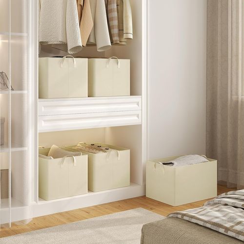 Lot De 5 Boîte De Rangement Ouverte En Tissu, Panier Rangement Pliable, Crème, 47x35x30 Cm