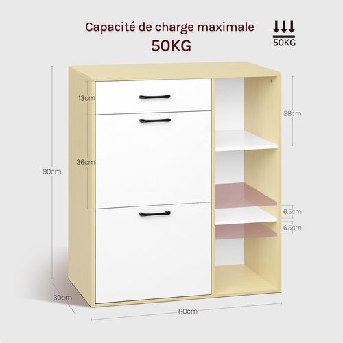 Étagère à Chaussures Avec Tiroir Et Compartiments Rabattables Et Ouverts, Blanc + Bois Naturel