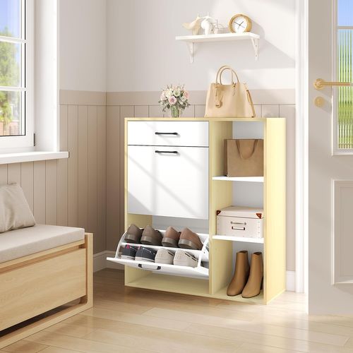 Étagère à Chaussures Avec Tiroir Et Compartiments Rabattables Et Ouverts, Blanc + Bois Naturel