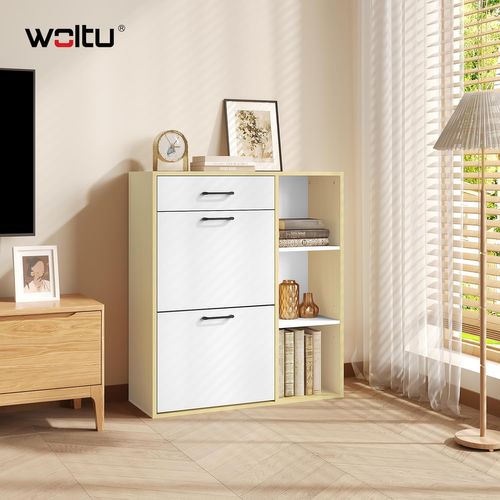 Étagère à Chaussures Avec Tiroir Et Compartiments Rabattables Et Ouverts, Blanc + Bois Naturel