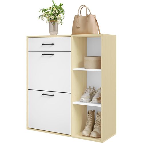 Étagère à Chaussures Avec Tiroir Et Compartiments Rabattables Et Ouverts, Blanc + Bois Naturel