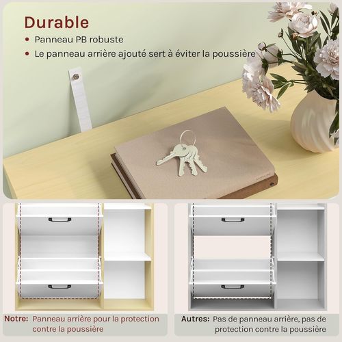 Étagère à Chaussures Avec Tiroir Et Compartiments Rabattables Et Ouverts, Blanc + Bois Naturel