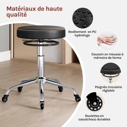 Tabouret Bureau, Siège Rembourré De Mousse, En Pu, Hauteur Réglable, Roulettes En Caoutchouc, Noir
