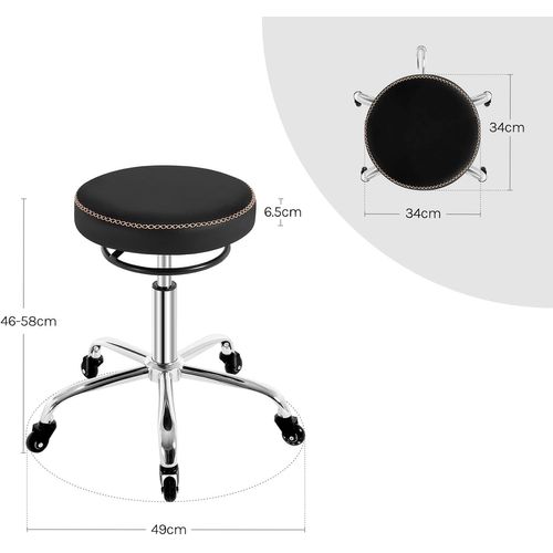 Tabouret Bureau, Siège Rembourré De Mousse, En Pu, Hauteur Réglable, Roulettes En Caoutchouc, Noir
