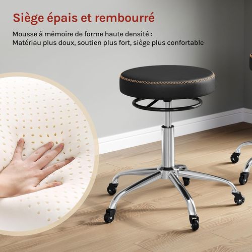 Tabouret Bureau, Siège Rembourré De Mousse, En Pu, Hauteur Réglable, Roulettes En Caoutchouc, Noir