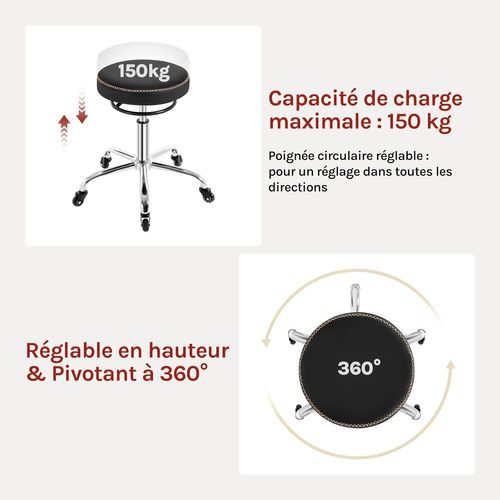 Tabouret Bureau, Siège Rembourré De Mousse, En Pu, Hauteur Réglable, Roulettes En Caoutchouc, Noir