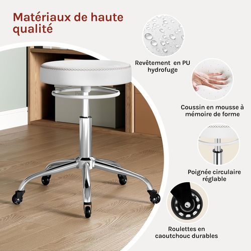 Tabouret Bureau, Siège Rembourré De Mousse, En Pu, Hauteur Réglable, Roulettes En Caoutchouc, Blanc