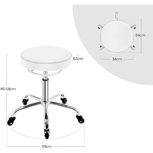 Tabouret Bureau, Siège Rembourré De Mousse, En Pu, Hauteur Réglable, Roulettes En Caoutchouc, Blanc