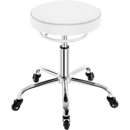 Tabouret Bureau, Siège Rembourré De Mousse, En Pu, Hauteur Réglable, Roulettes En Caoutchouc, Blanc