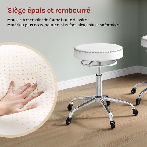 Tabouret Bureau, Siège Rembourré De Mousse, En Pu, Hauteur Réglable, Roulettes En Caoutchouc, Blanc