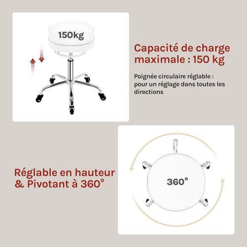Tabouret Bureau, Siège Rembourré De Mousse, En Pu, Hauteur Réglable, Roulettes En Caoutchouc, Blanc