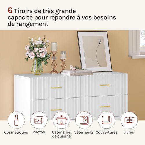 Commode Blanche 6 Tiroirs, Meuble De Rangement, Pieds En Métal, En Bois D'ingénierie, 100x40x75cm