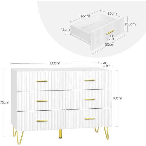 Commode Blanche 6 Tiroirs, Meuble De Rangement, Pieds En Métal, En Bois D'ingénierie, 100x40x75cm