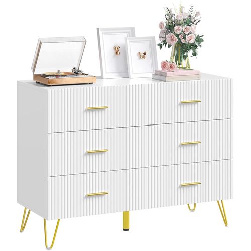 Commode Blanche 6 Tiroirs, Meuble De Rangement, Pieds En Métal, En Bois D'ingénierie, 100x40x75cm