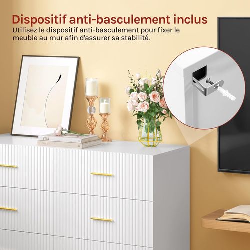 Commode Blanche 6 Tiroirs, Meuble De Rangement, Pieds En Métal, En Bois D'ingénierie, 100x40x75cm