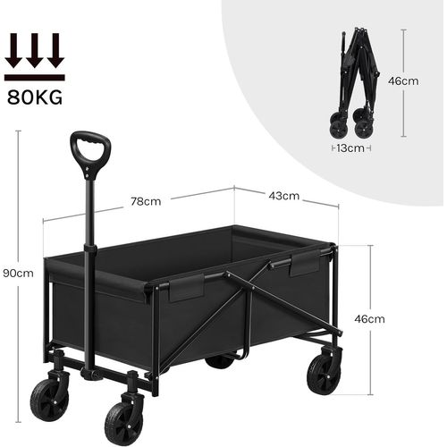 Chariot à Roulettes, Chariot De Jardin Pliable, Poignée Réglable, Roues Avec Freins, Noir