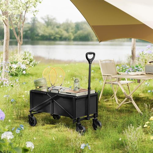 Chariot à Roulettes, Chariot De Jardin Pliable, Poignée Réglable, Roues Avec Freins, Noir