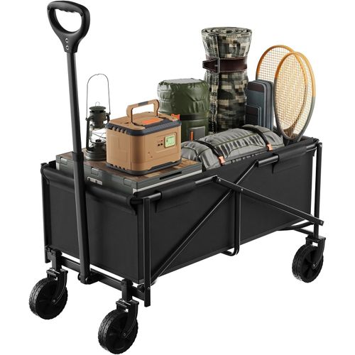 Chariot à Roulettes, Chariot De Jardin Pliable, Poignée Réglable, Roues Avec Freins, Noir