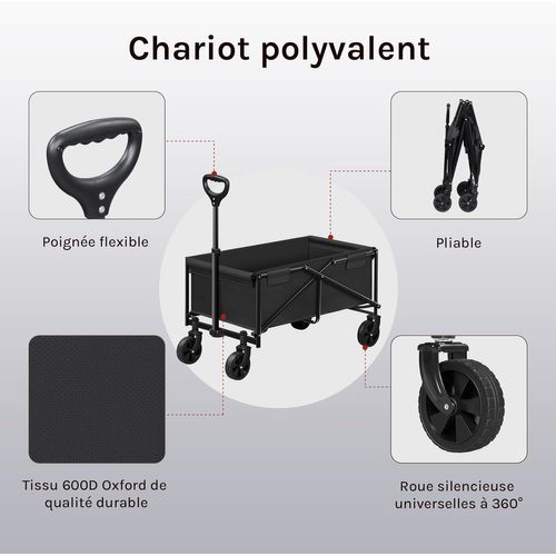Chariot à Roulettes, Chariot De Jardin Pliable, Poignée Réglable, Roues Avec Freins, Noir