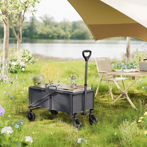 Chariot à Roulettes, Chariot De Jardin Pliable, Poignée Réglable, Roues Avec Freins, Gris