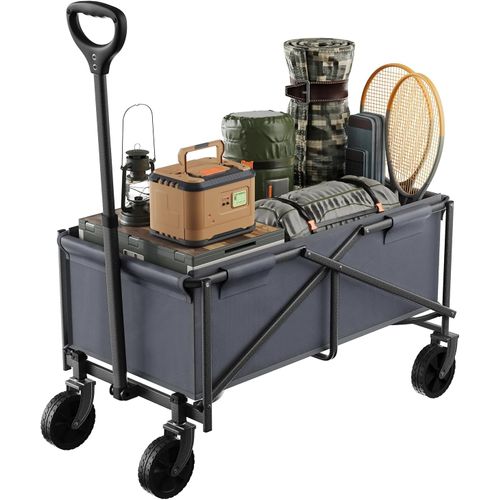 Chariot à Roulettes, Chariot De Jardin Pliable, Poignée Réglable, Roues Avec Freins, Gris