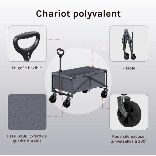 Chariot à Roulettes, Chariot De Jardin Pliable, Poignée Réglable, Roues Avec Freins, Gris