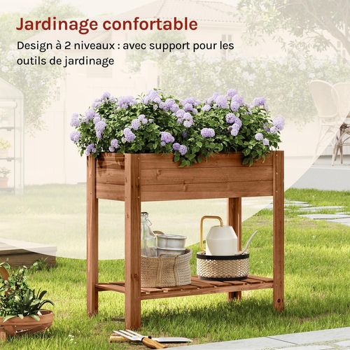 Jadinière Surélevée En Bois, 80x75x40 Cm, Étagère Avec Bac à Fleurs, Film Plastique, Brun