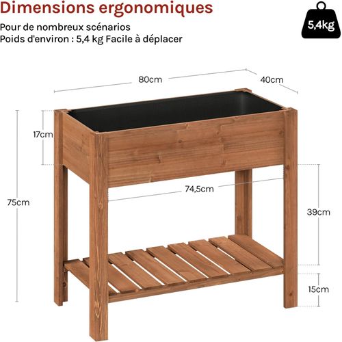 Jadinière Surélevée En Bois, 80x75x40 Cm, Étagère Avec Bac à Fleurs, Film Plastique, Brun