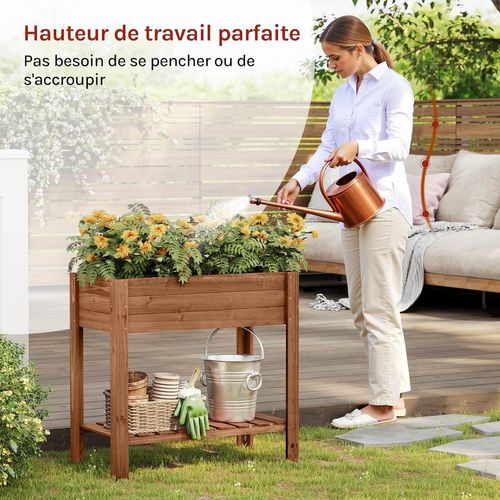 Jadinière Surélevée En Bois, 80x75x40 Cm, Étagère Avec Bac à Fleurs, Film Plastique, Brun