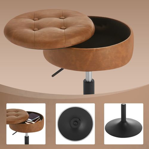 Tabouret Coiffeuse En Similicuir,tabouret Bar,hauteur Réglable,pivotant,siège Avec Rangement,marron