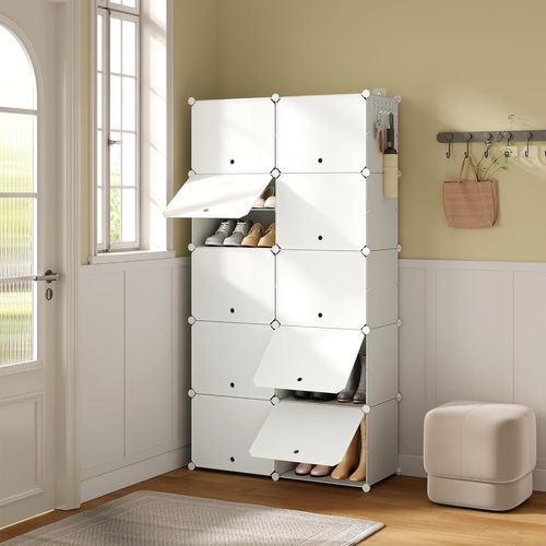 Meuble Chaussure Empilable-Rangement Chaussure Avec 10 Compartiments-40 Paires-En Plastique-Blanc