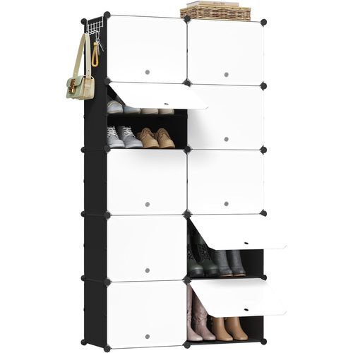 Meuble Chaussure, Rangement Chaussure Avec 10 Compartiments, Empilable, En Plastique, Blanc+Noir